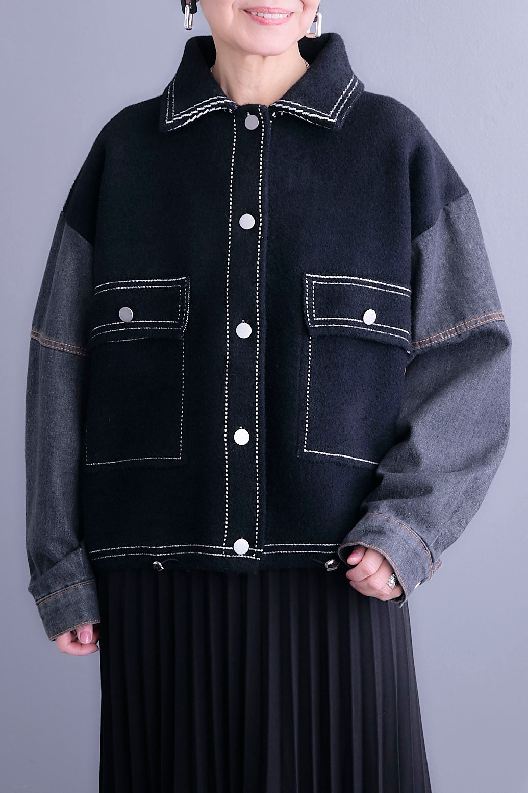【予約】ステッチニット×デニムスリーブジャケット