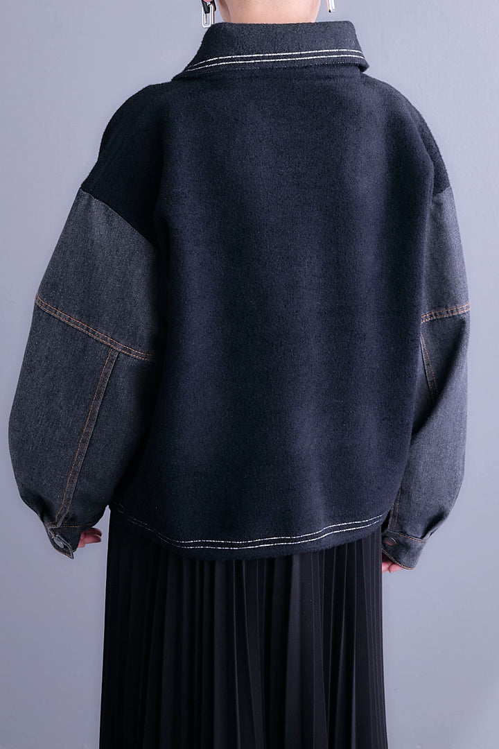 【予約】ステッチニット×デニムスリーブジャケット