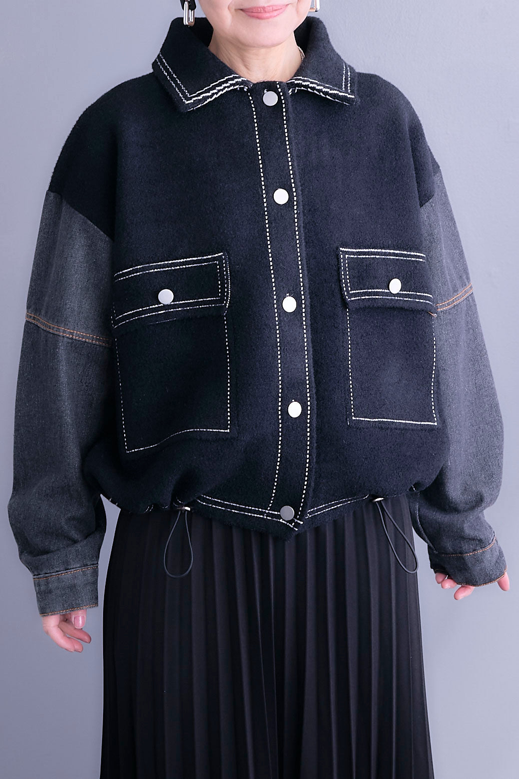 【予約】ステッチニット×デニムスリーブジャケット