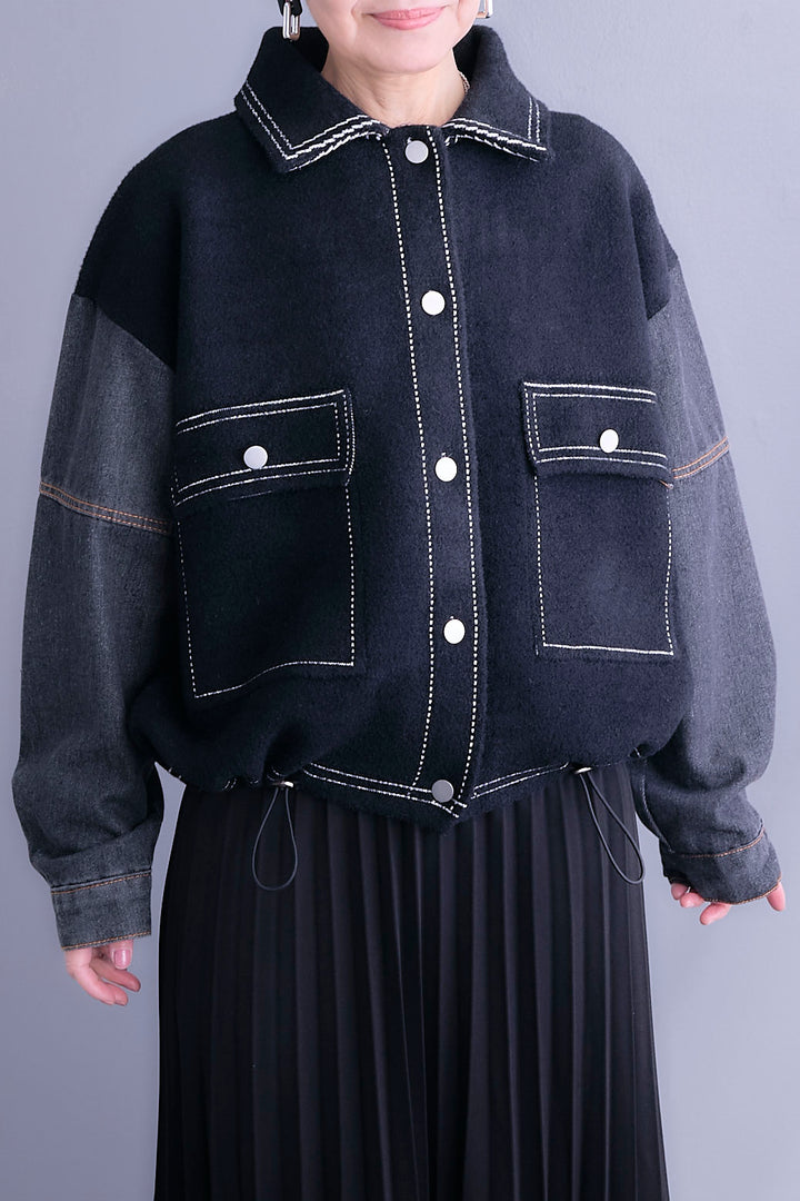【SET】ステッチニット×デニムスリーブジャケット+プリーツストレッチロングワンピース(2set)