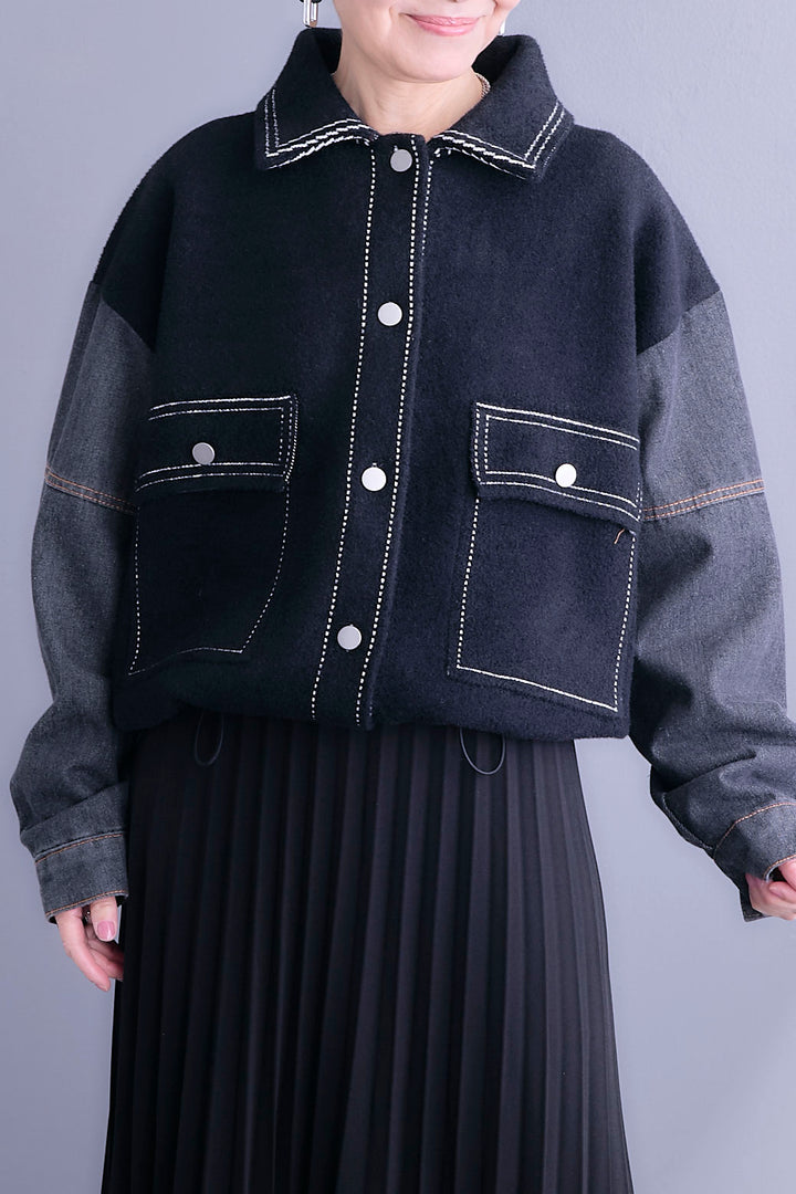 【予約】ステッチニット×デニムスリーブジャケット
