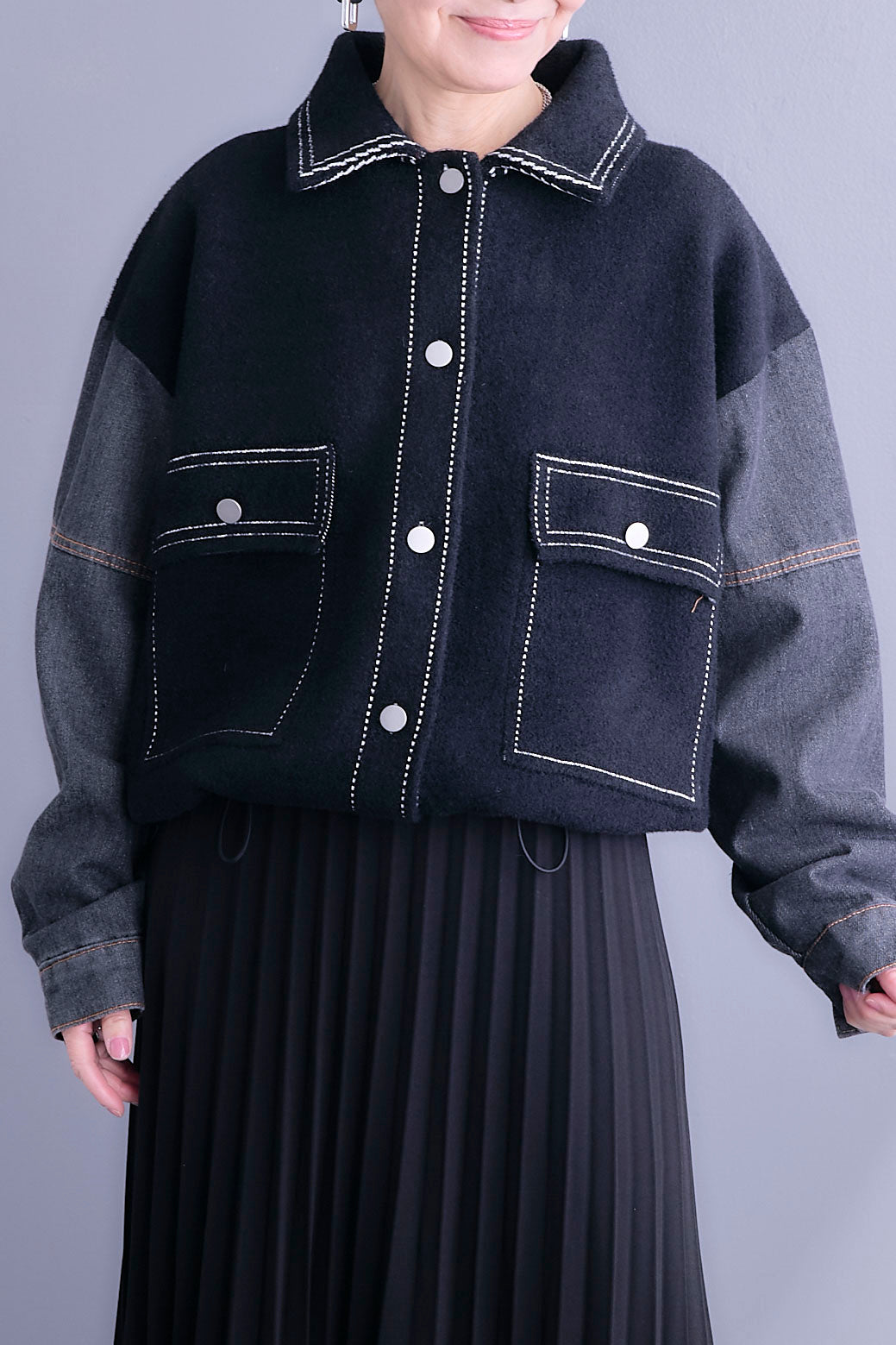 【SET】ステッチニット×デニムスリーブジャケット+プリーツストレッチロングワンピース(2set)