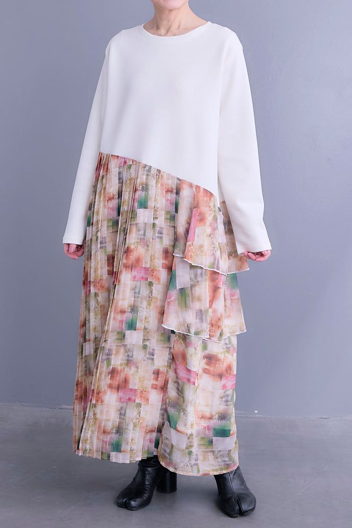 【予約】アシメフラワープリーツドッキングワンピース