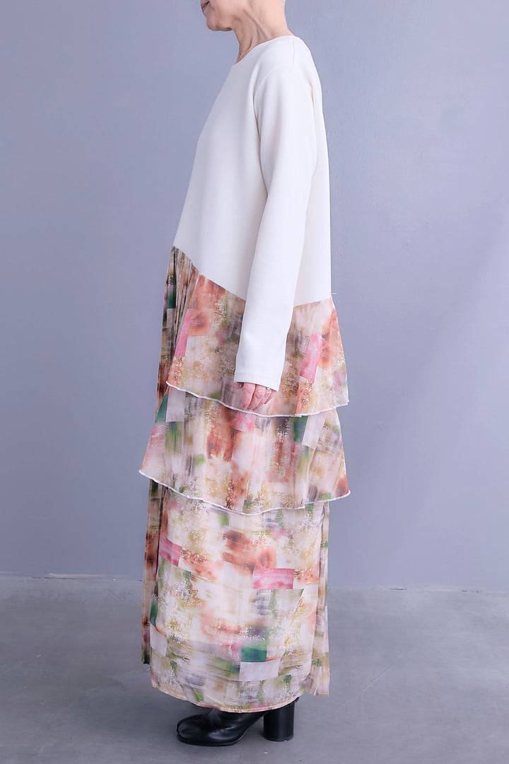 【予約】アシメフラワープリーツドッキングワンピース