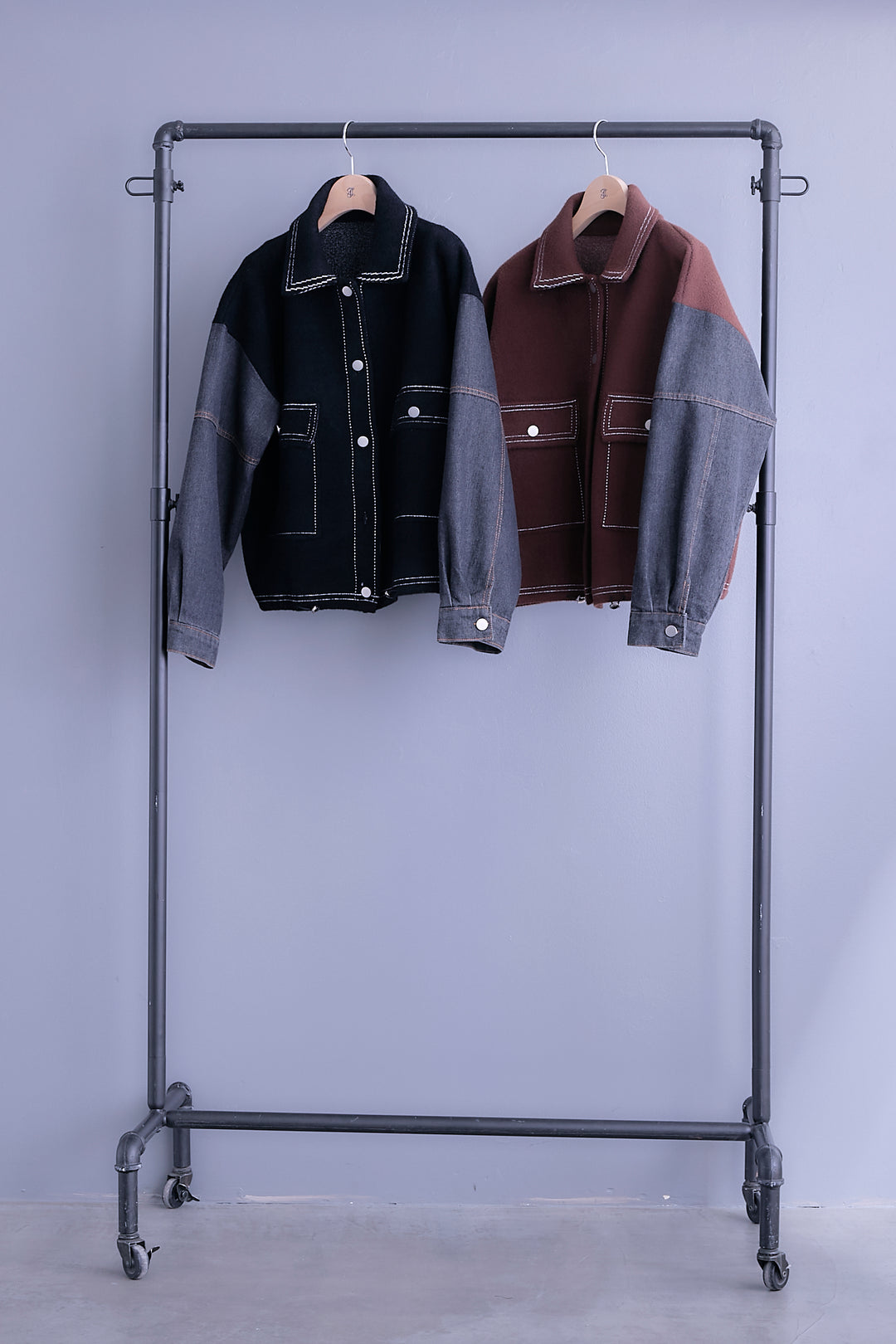 【SET】ステッチニット×デニムスリーブジャケット+プリーツストレッチロングワンピース(2set)