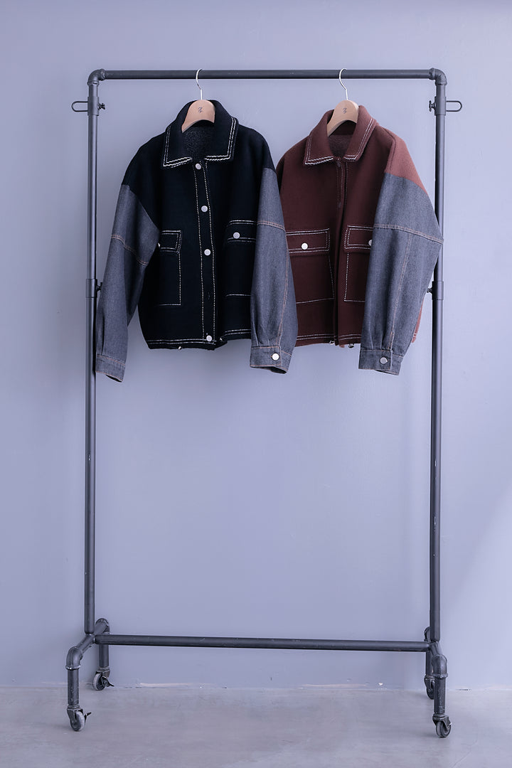 【SET】ステッチニット×デニムスリーブジャケット+プリーツストレッチロングワンピース(2set)