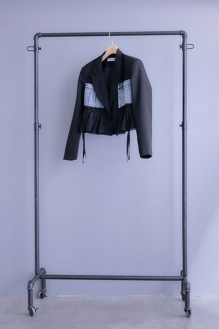 【SET】デニムドッキングショートジャケット+アシンメトリーロンT+プリーツタックデニムスカート(3set)