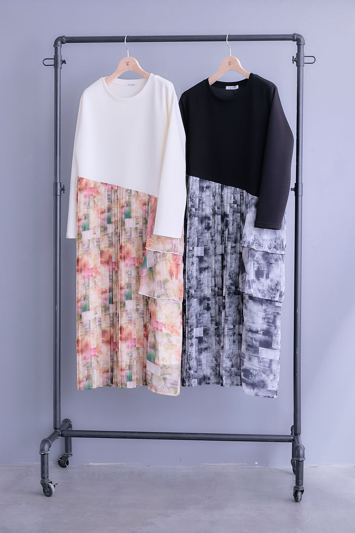 【予約】アシメフラワープリーツドッキングワンピース