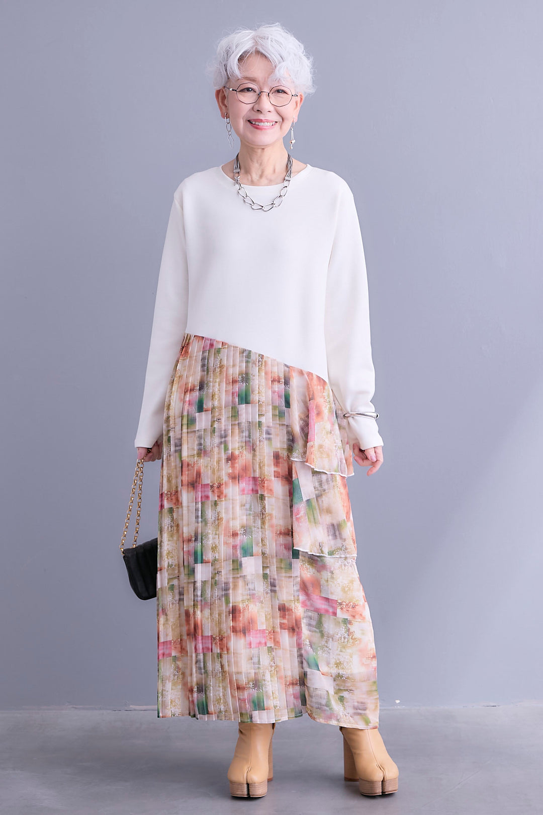 【予約】アシメフラワープリーツドッキングワンピース