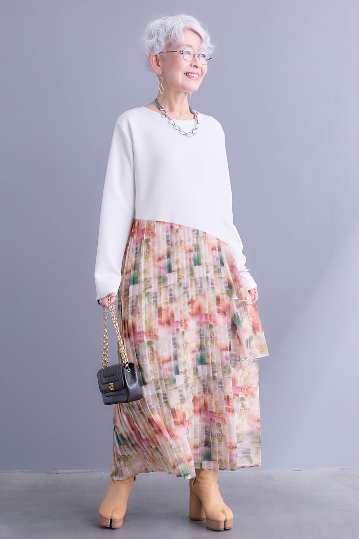 【予約】アシメフラワープリーツドッキングワンピース