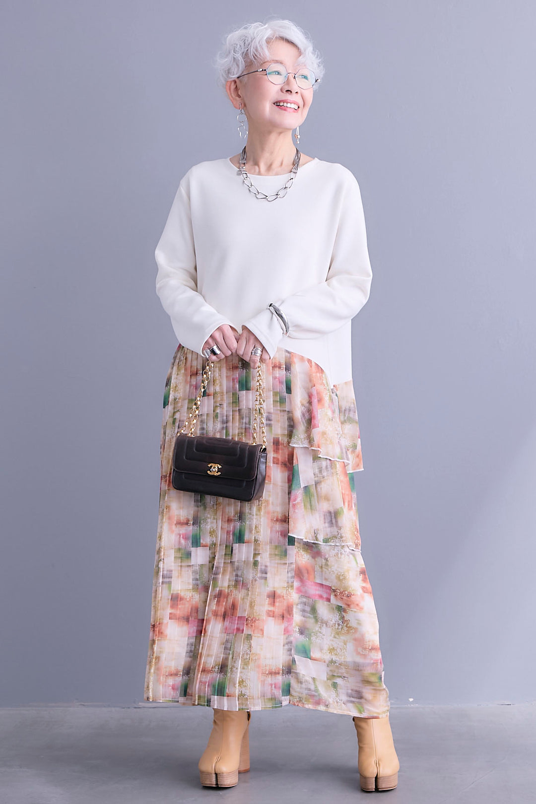 【予約】アシメフラワープリーツドッキングワンピース