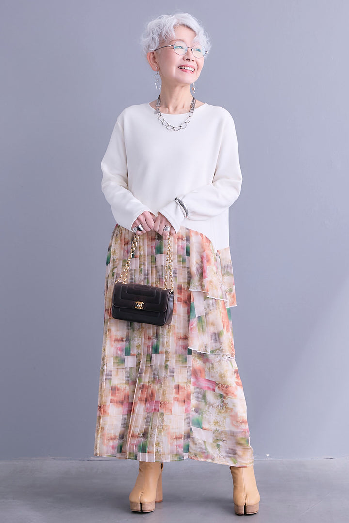 【予約】アシメフラワープリーツドッキングワンピース