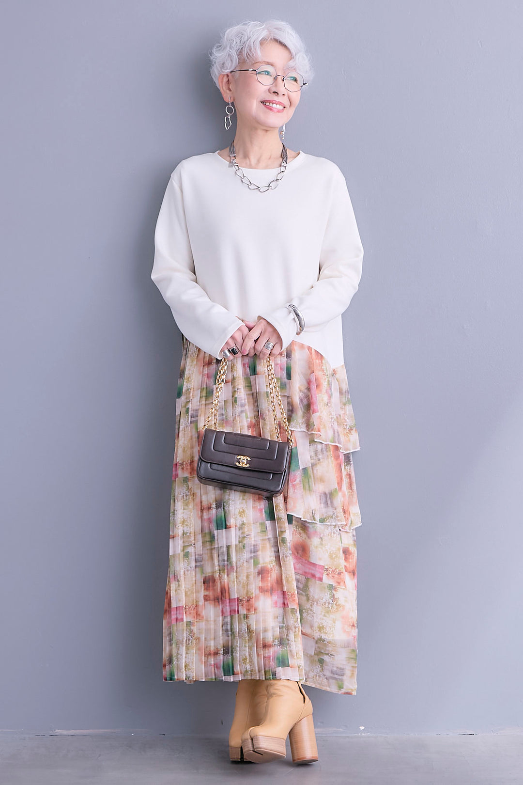 【予約】アシメフラワープリーツドッキングワンピース