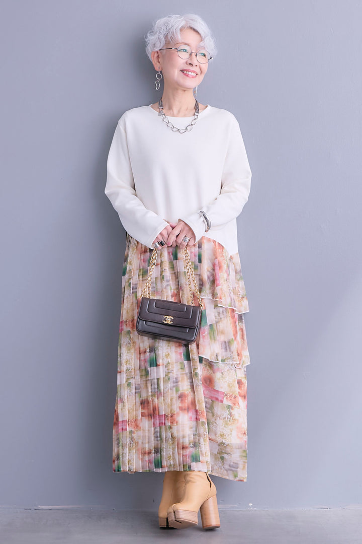 【予約】アシメフラワープリーツドッキングワンピース