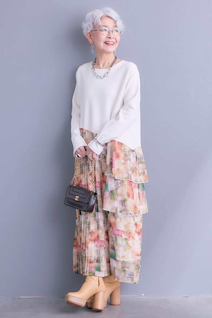 【予約】アシメフラワープリーツドッキングワンピース