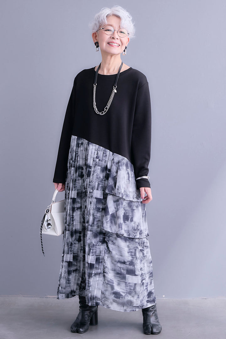 【予約】アシメフラワープリーツドッキングワンピース