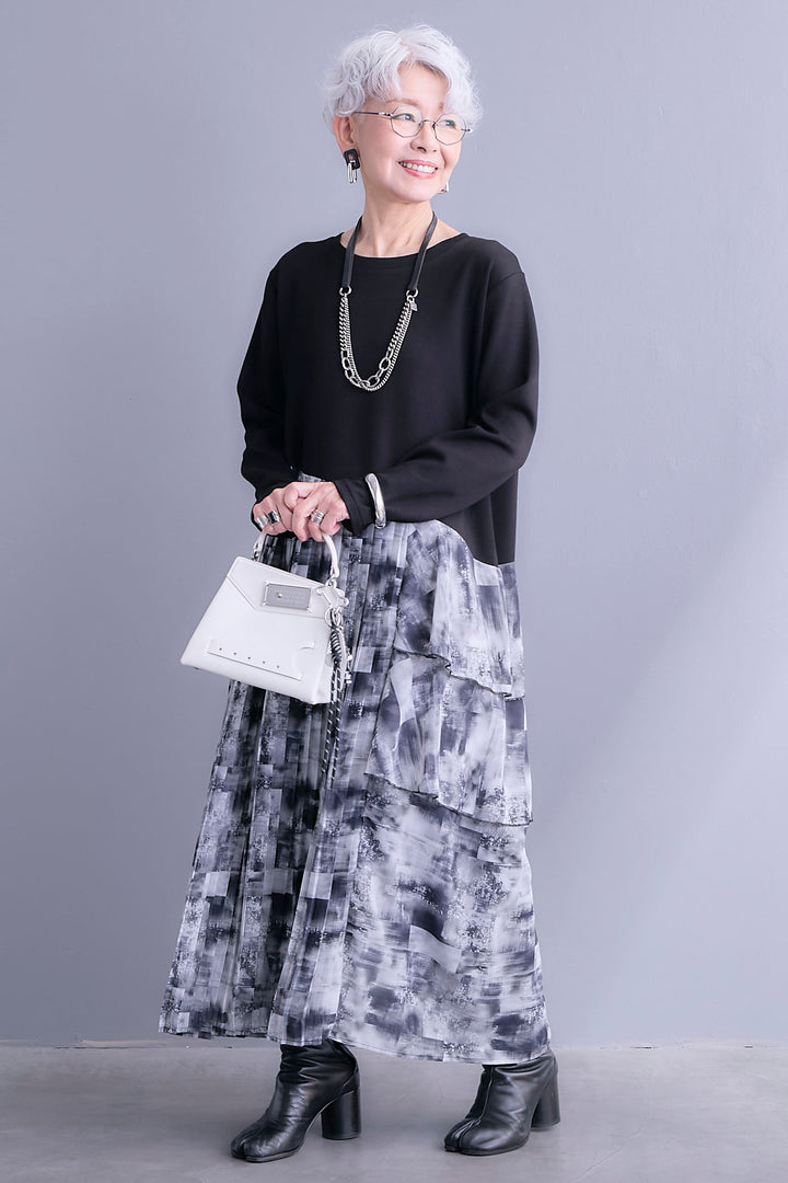 【予約】アシメフラワープリーツドッキングワンピース