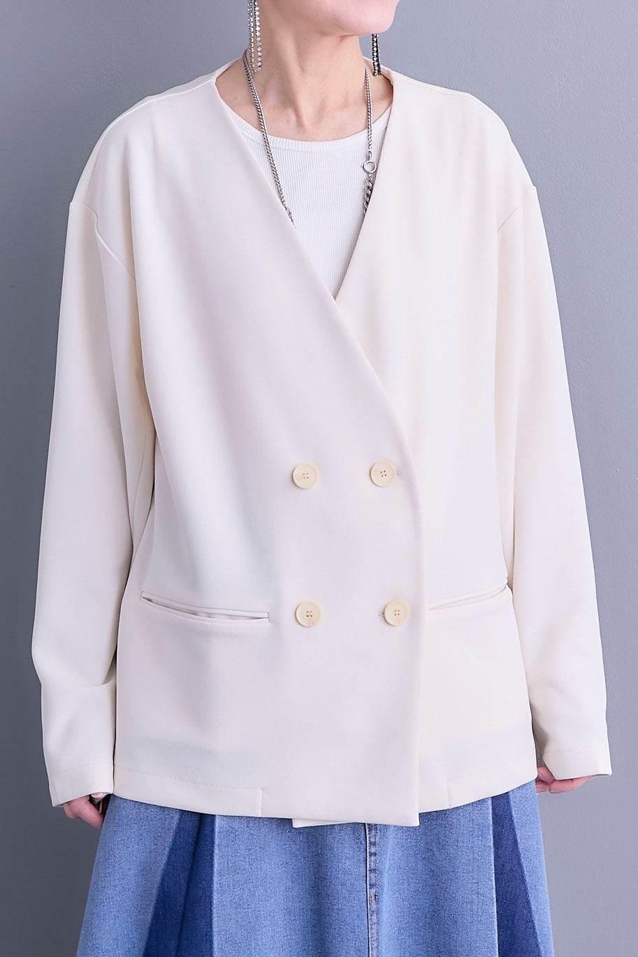 【SET】ZIPスリーブケープライク2WAYジャケット+プリーツタックデニムスカート(2set)