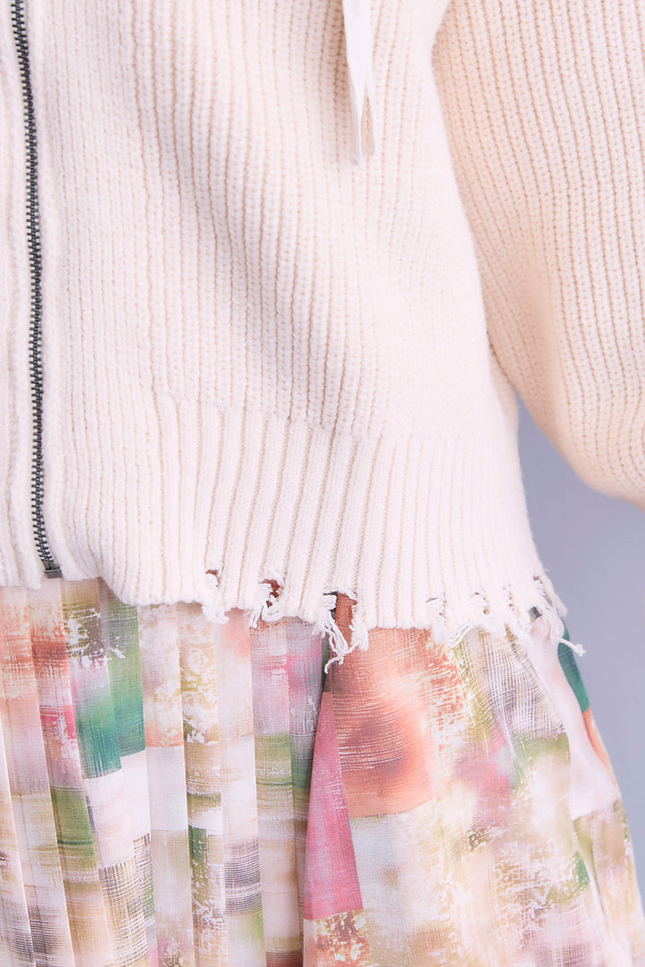 【SET】ZIPダメージニットブルゾンカーデ+アシメフラワープリーツドッキングワンピース(2set)