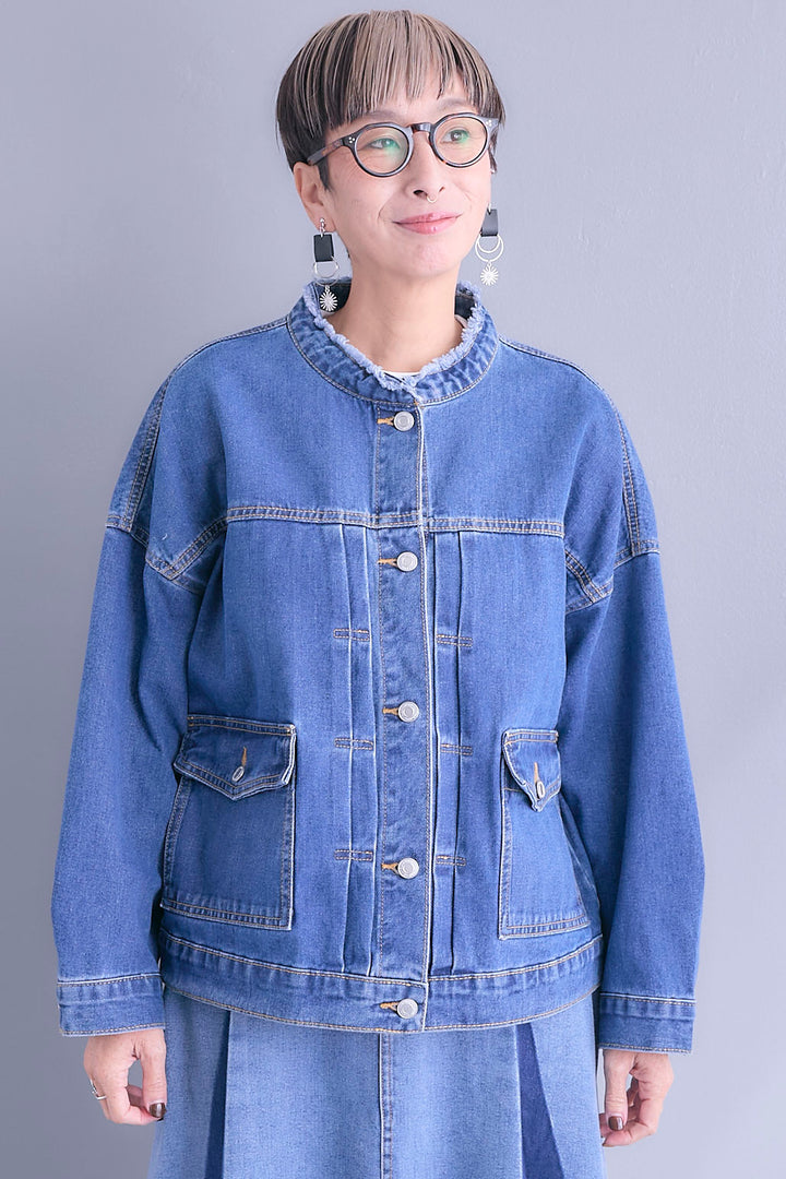【SET】ノーカラーオーバーサイズデニムジャケット+ヘムレースアシメロンT+ヘムチュールレイヤードフリルスカート(3set)