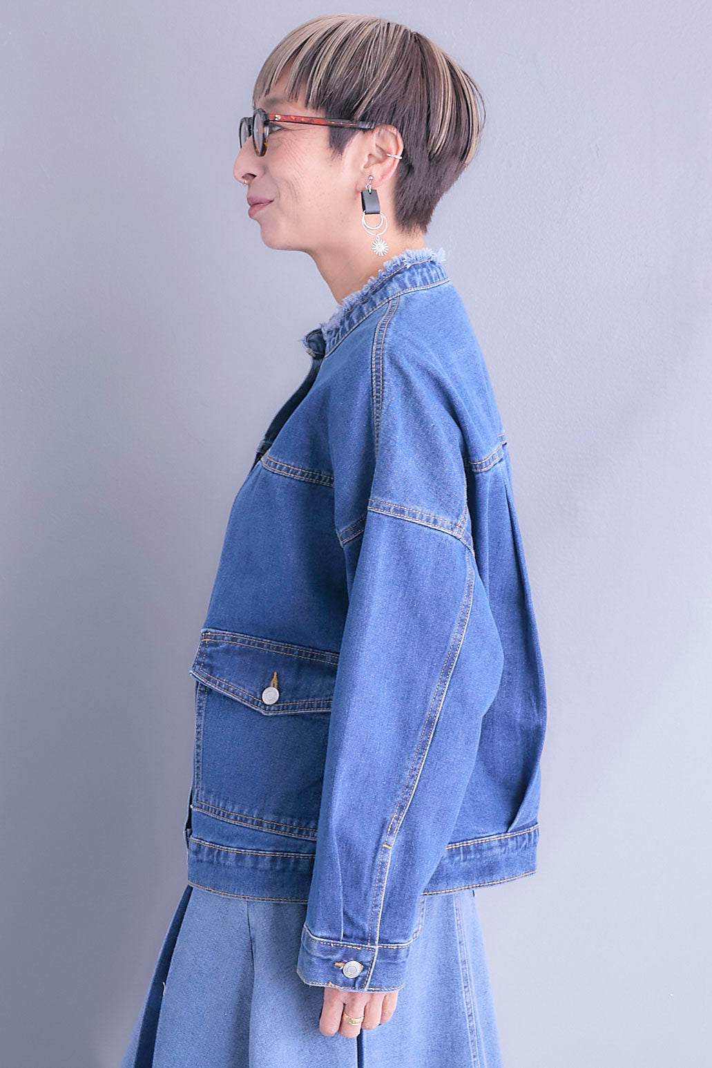 【SET】ノーカラーオーバーサイズデニムジャケット+ヘムレースアシメロンT+ヘムチュールレイヤードフリルスカート(3set)