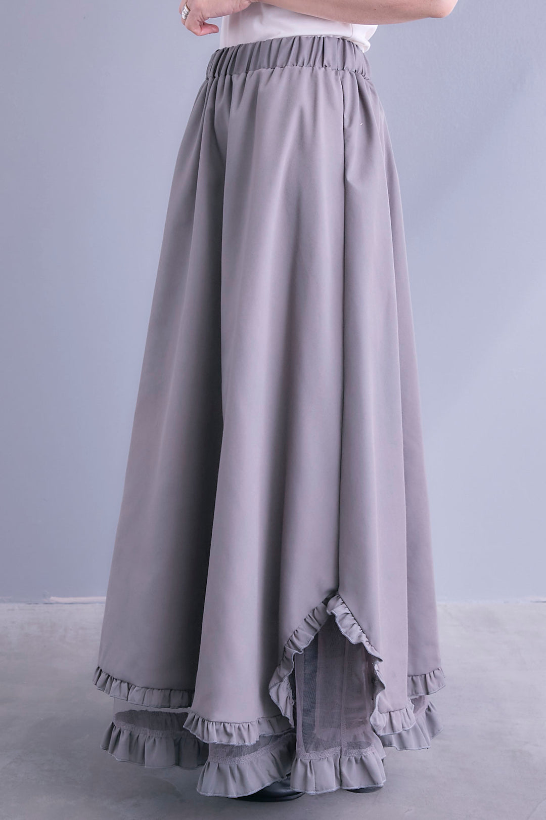 【SET】ノーカラーオーバーサイズデニムジャケット+ヘムレースアシメロンT+ヘムチュールレイヤードフリルスカート(3set)