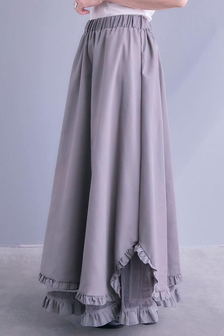 【SET】ノーカラーオーバーサイズデニムジャケット+ヘムレースアシメロンT+ヘムチュールレイヤードフリルスカート(3set)