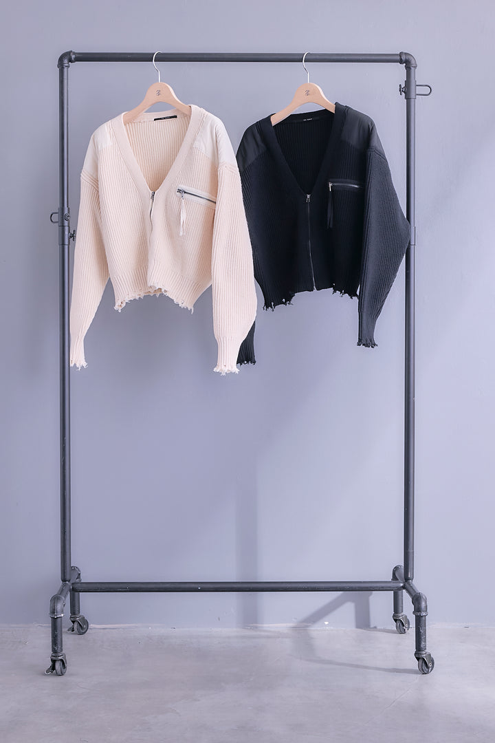 【SET】ZIPダメージニットブルゾンカーデ+アシメフラワープリーツドッキングワンピース(2set)