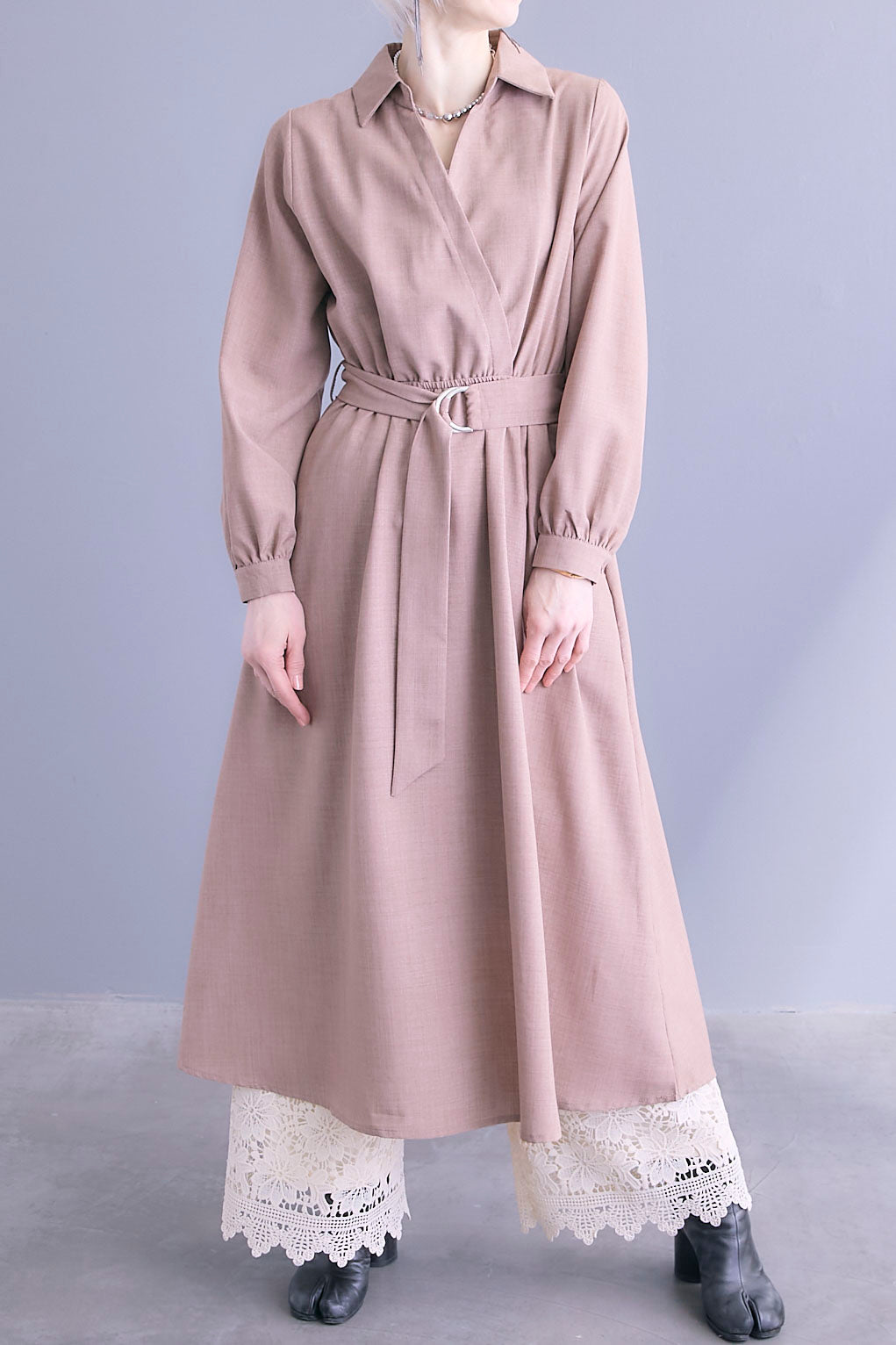 【SET】スキッパーカシュクールシャツワンピース+ケミカルレースパンツ(2set)