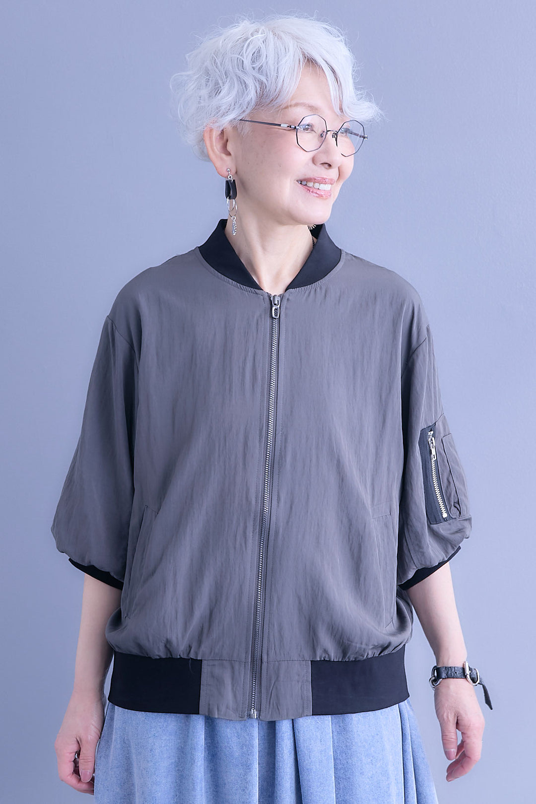 【SET】バルーンハーフスリーブMA-1ジャケット+パウダーシルクヴィンテージデニムワンピース(2set)