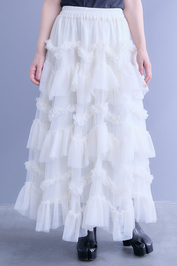 【SET】ロングテールアシメカットデザインシャツ+ペタルティアードチュールスカート(2set)