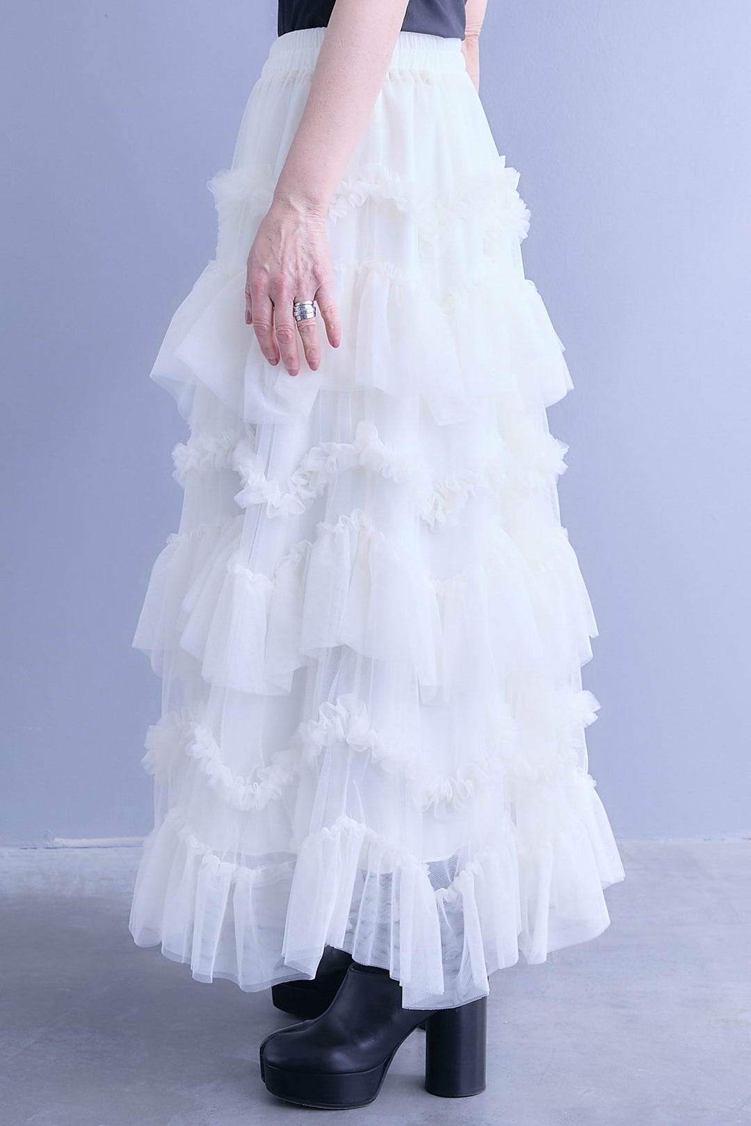 【SET】ロングテールアシメカットデザインシャツ+ペタルティアードチュールスカート(2set)