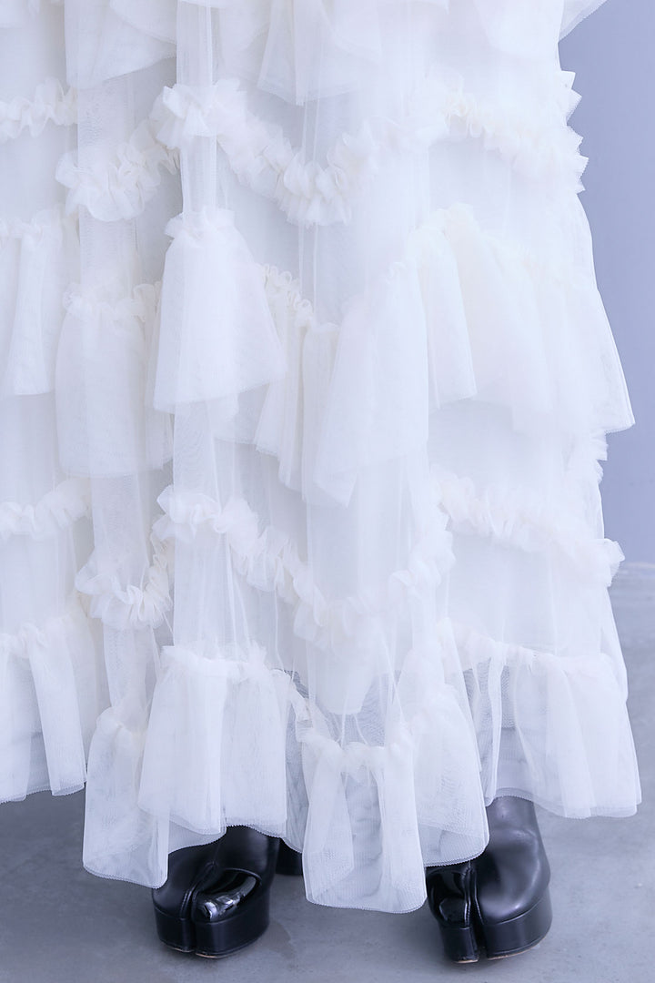 【SET】ロングテールアシメカットデザインシャツ+ペタルティアードチュールスカート(2set)