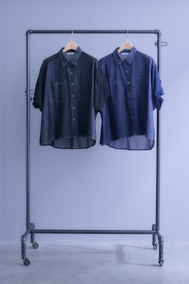 【予約】デニム×シフォンパフスリーブシャツ