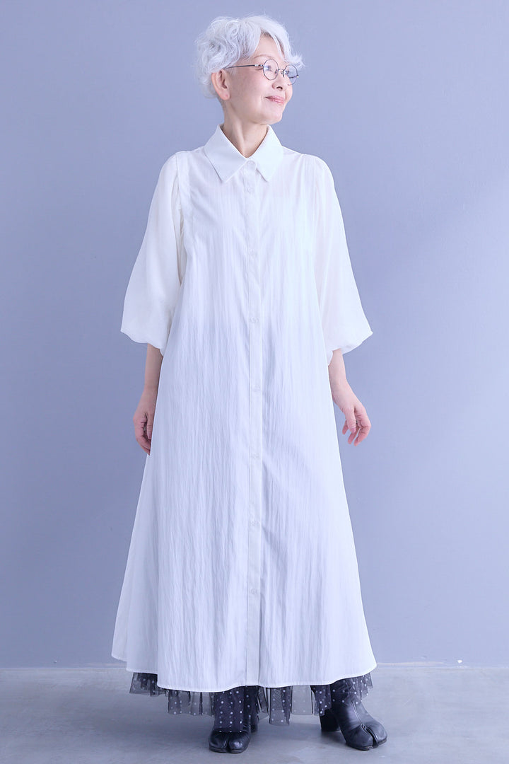 【SET】バルーンスリーブシャツワンピース+2WAYラメサテンプリーツ×シアーティアードチュールスカート(2set)