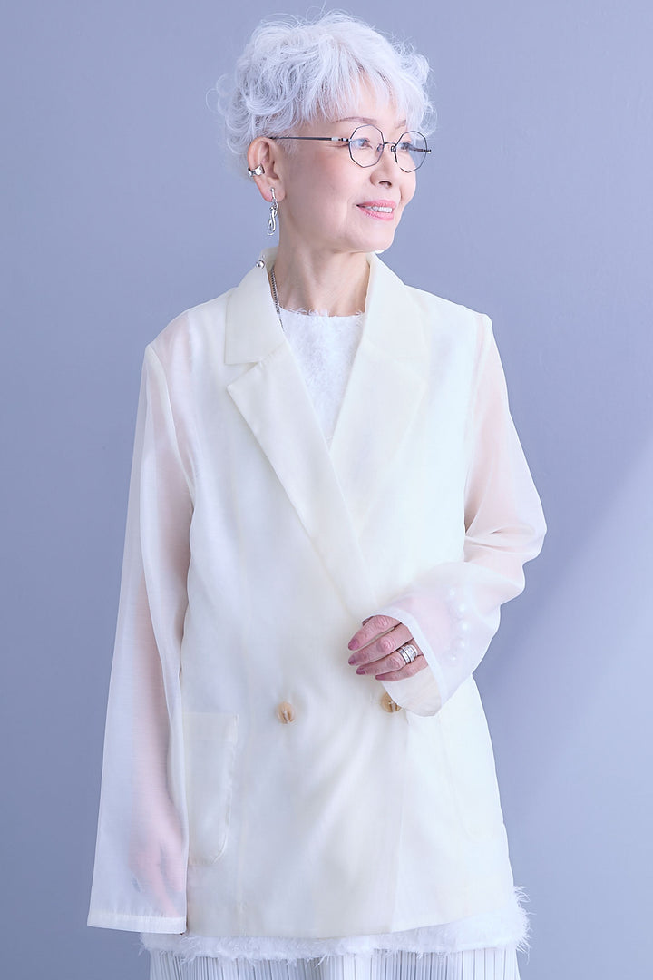 【SET】シアーポプリンダブルテーラードジャケット+ウェーブモチーフスタンドネックブラウス+2WAYラメサテンプリーツ×シアーティアードチュールスカート(3set)