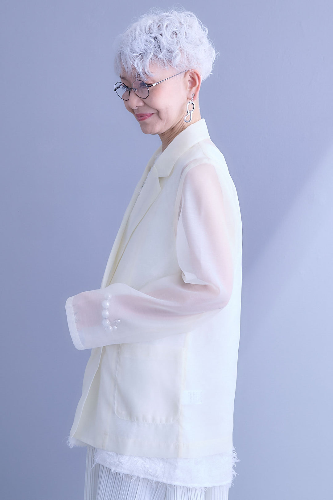 【SET】シアーポプリンダブルテーラードジャケット+ウェーブモチーフスタンドネックブラウス+2WAYラメサテンプリーツ×シアーティアードチュールスカート(3set)