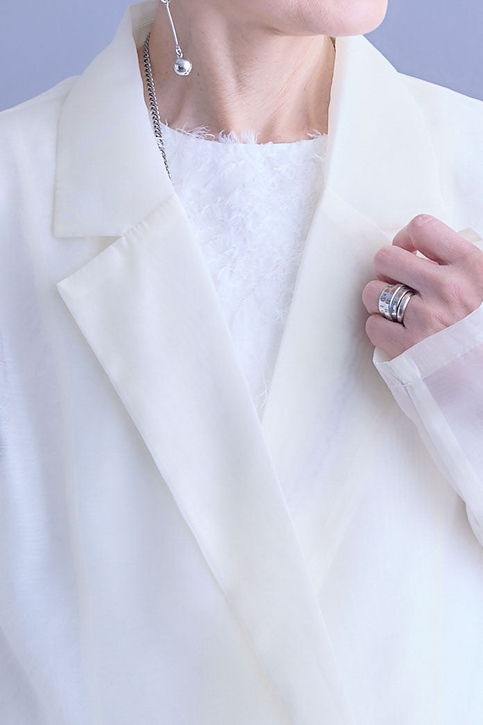 【SET】シアーポプリンダブルテーラードジャケット+ウェーブモチーフスタンドネックブラウス+2WAYラメサテンプリーツ×シアーティアードチュールスカート(3set)