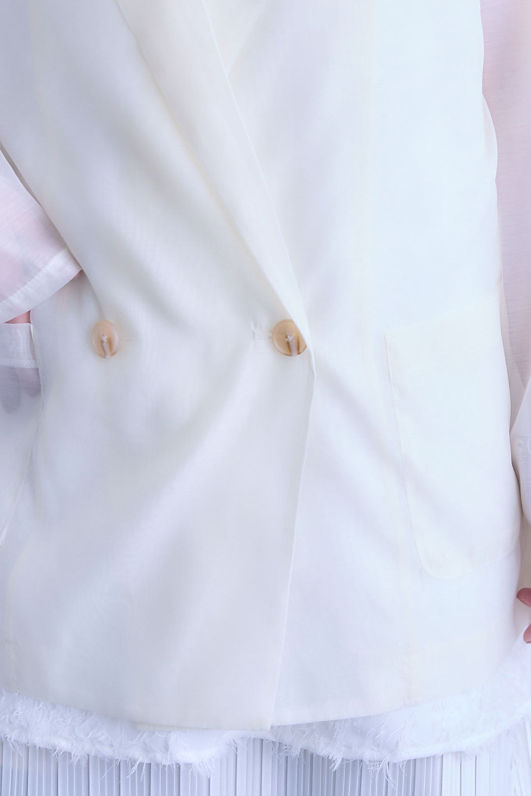 【SET】シアーポプリンダブルテーラードジャケット+ウェーブモチーフスタンドネックブラウス+2WAYラメサテンプリーツ×シアーティアードチュールスカート(3set)