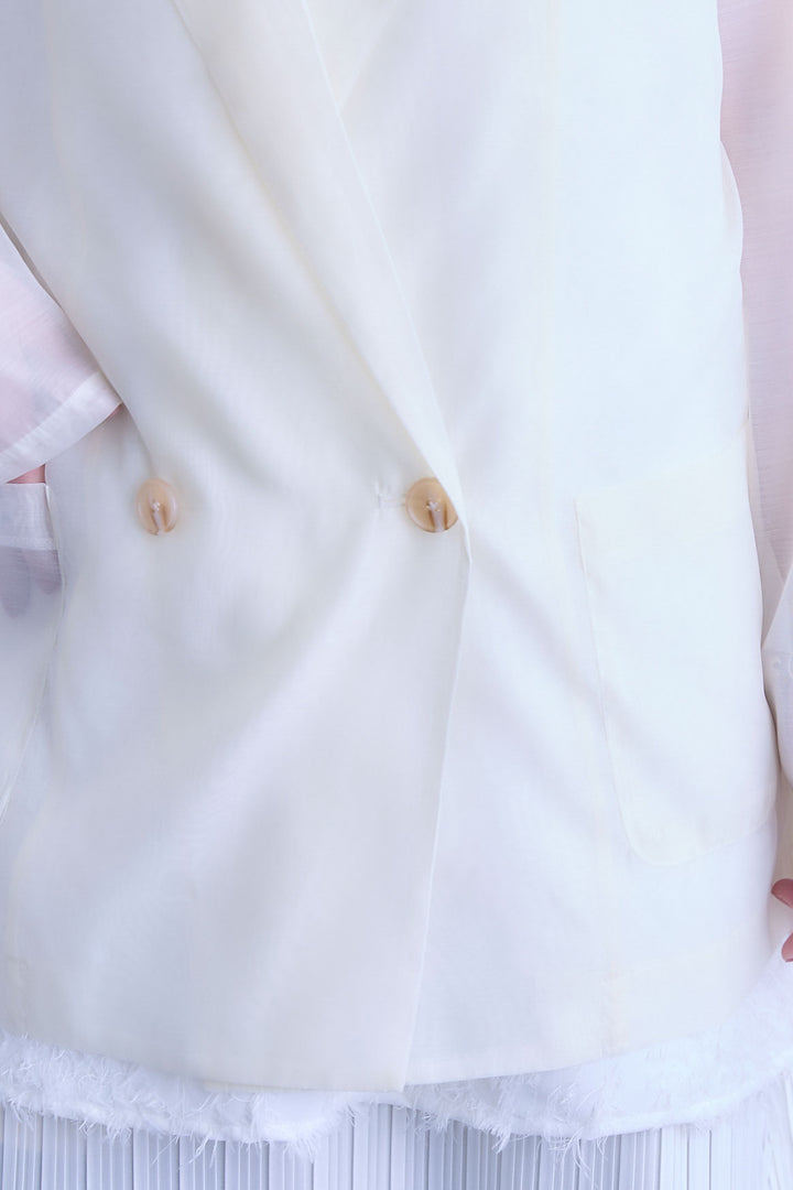 【SET】シアーポプリンダブルテーラードジャケット+ウェーブモチーフスタンドネックブラウス+2WAYラメサテンプリーツ×シアーティアードチュールスカート(3set)