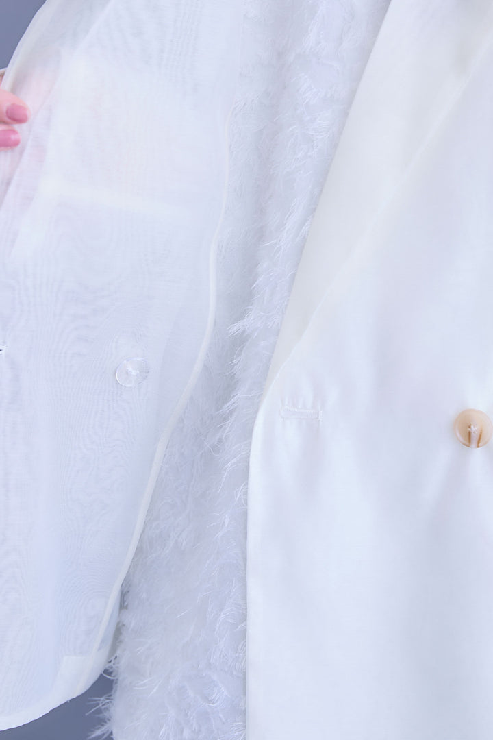 【SET】シアーポプリンダブルテーラードジャケット+ウェーブモチーフスタンドネックブラウス+2WAYラメサテンプリーツ×シアーティアードチュールスカート(3set)