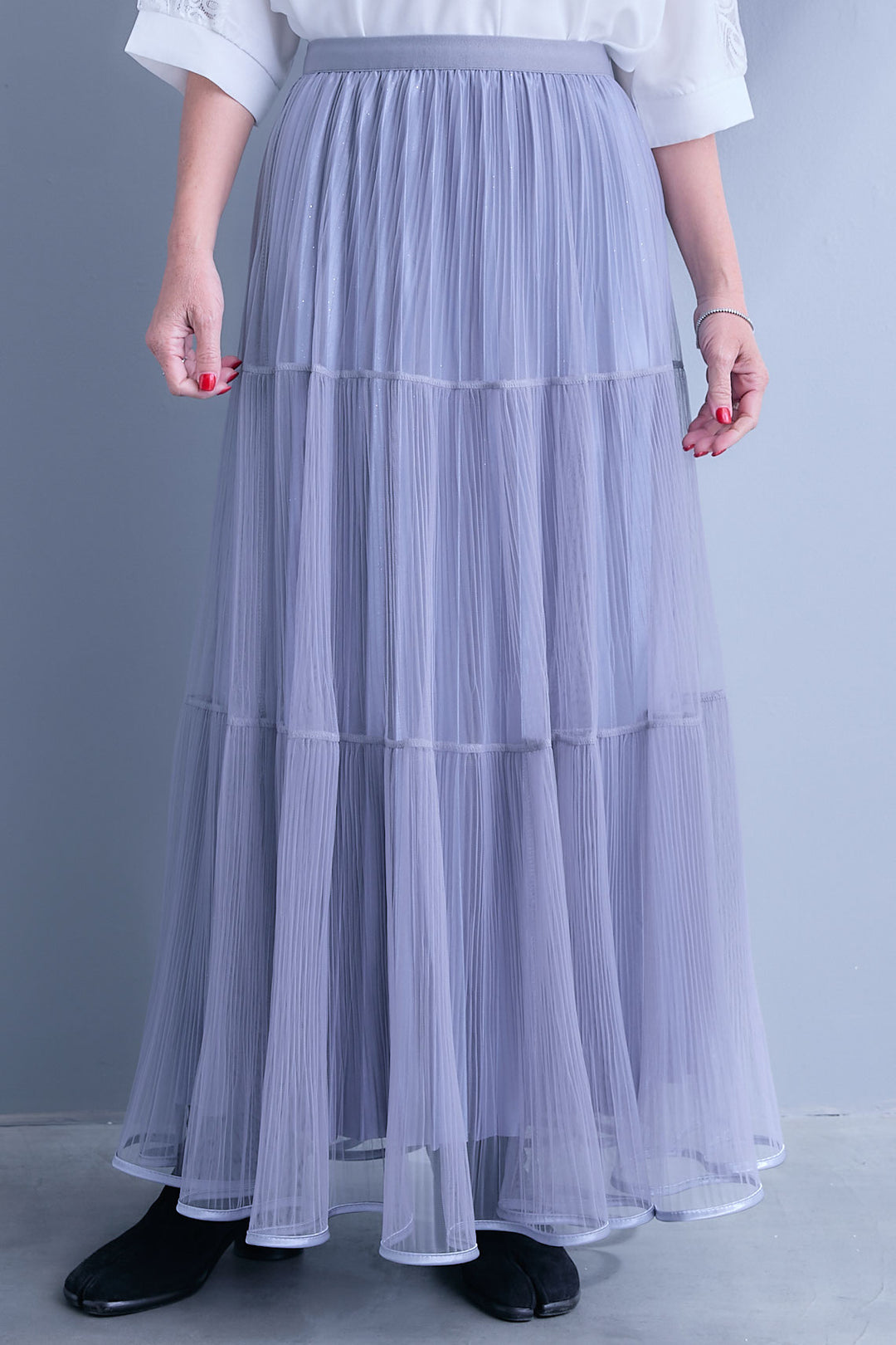 【SET】アップスリーブニットプルオーバー+2WAYラメサテンプリーツ×シアーティアードチュールスカート(2set)