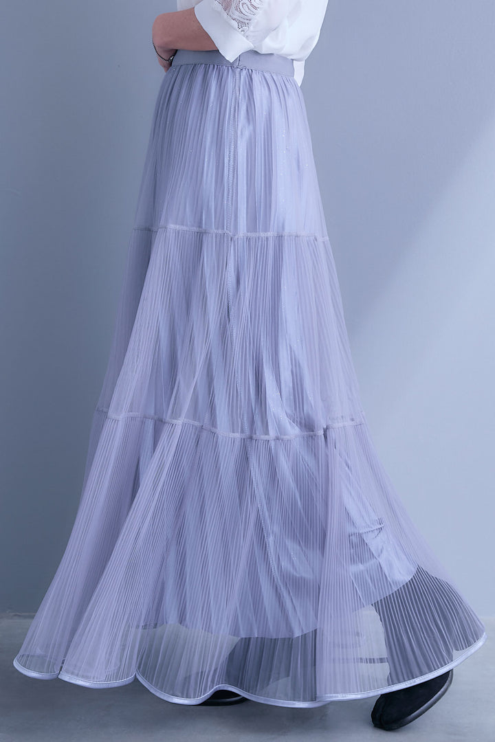 【SET】バルーンスリーブシャツワンピース+2WAYラメサテンプリーツ×シアーティアードチュールスカート(2set)