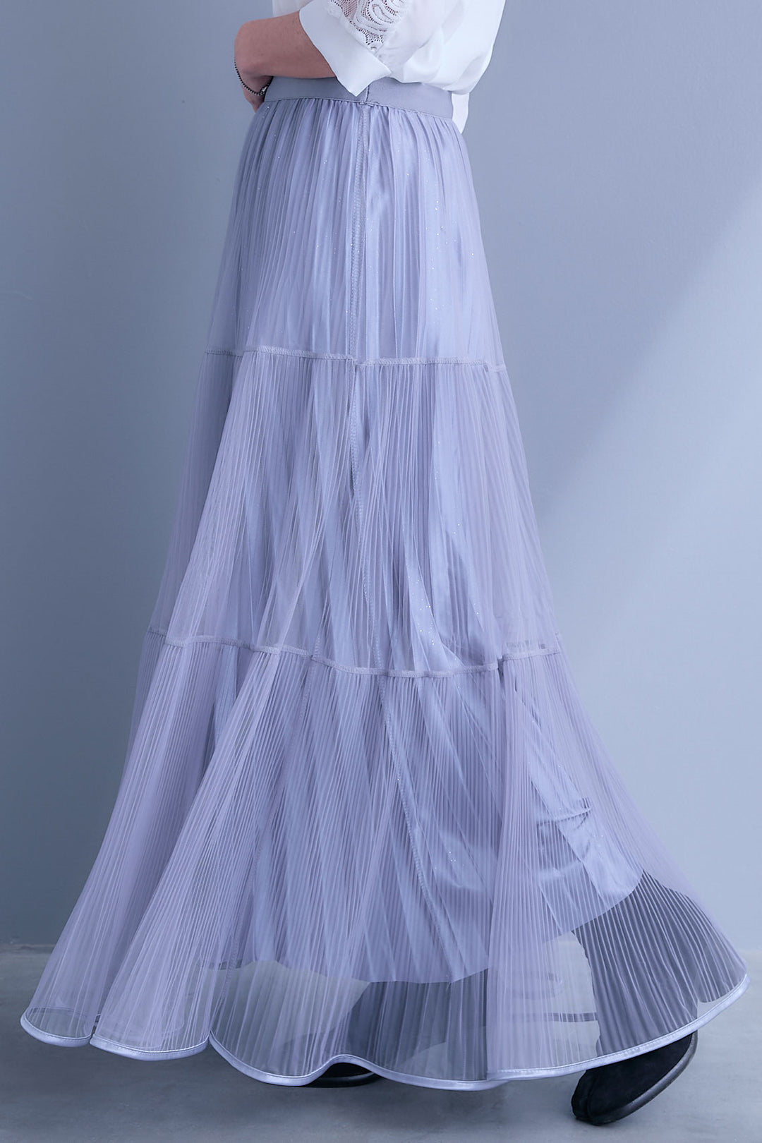 【SET】シアーポプリンダブルテーラードジャケット+ウェーブモチーフスタンドネックブラウス+2WAYラメサテンプリーツ×シアーティアードチュールスカート(3set)