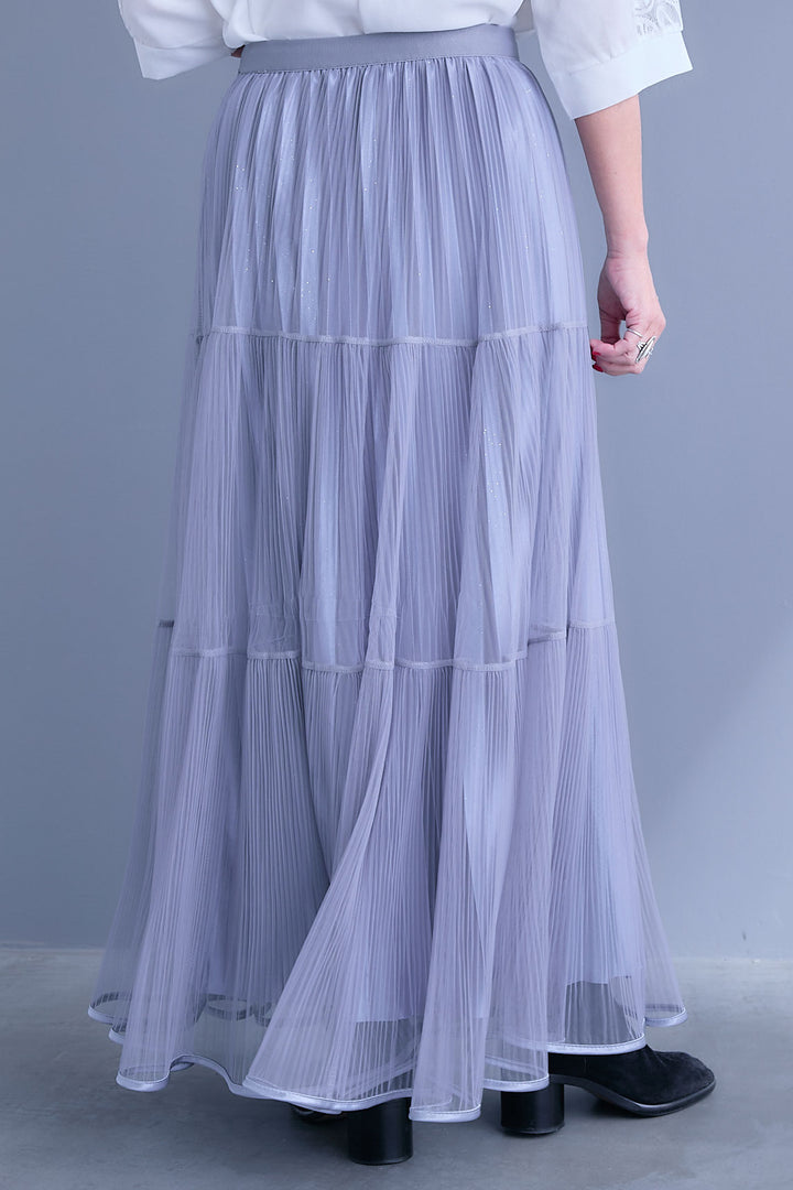 【SET】シアーポプリンダブルテーラードジャケット+ウェーブモチーフスタンドネックブラウス+2WAYラメサテンプリーツ×シアーティアードチュールスカート(3set)