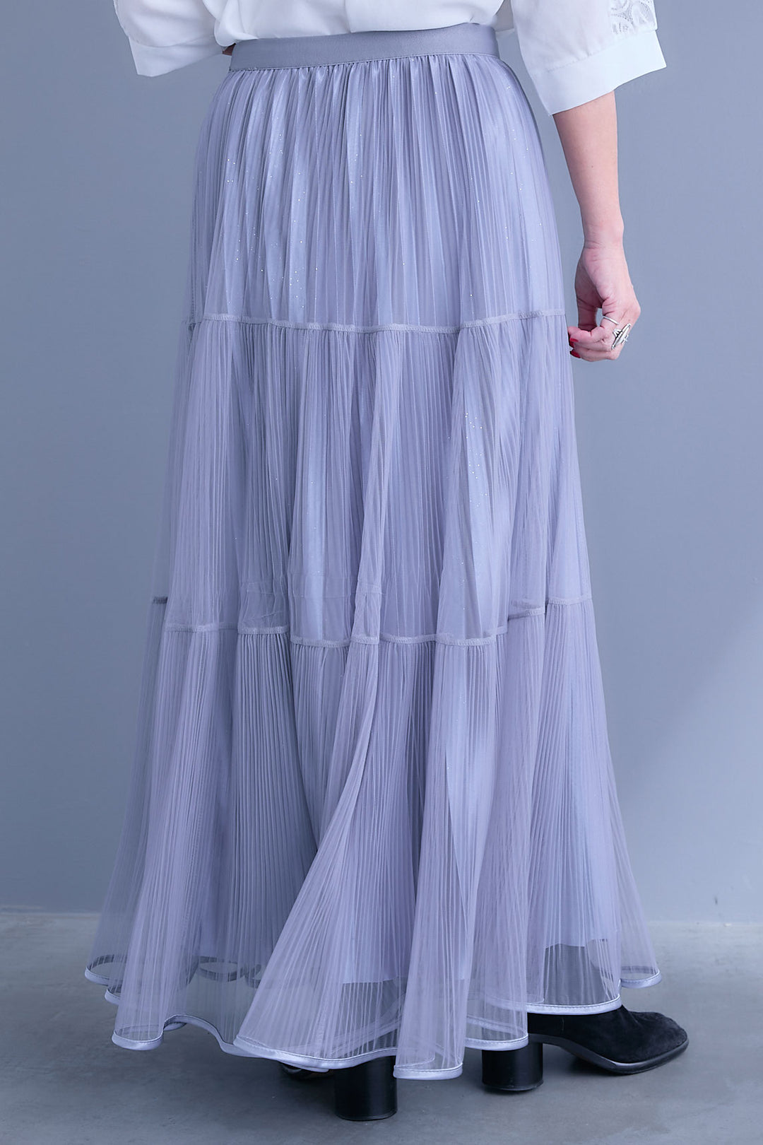 【SET】バルーンスリーブシャツワンピース+2WAYラメサテンプリーツ×シアーティアードチュールスカート(2set)