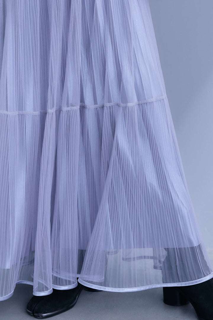 【SET】バルーンスリーブシャツワンピース+2WAYラメサテンプリーツ×シアーティアードチュールスカート(2set)