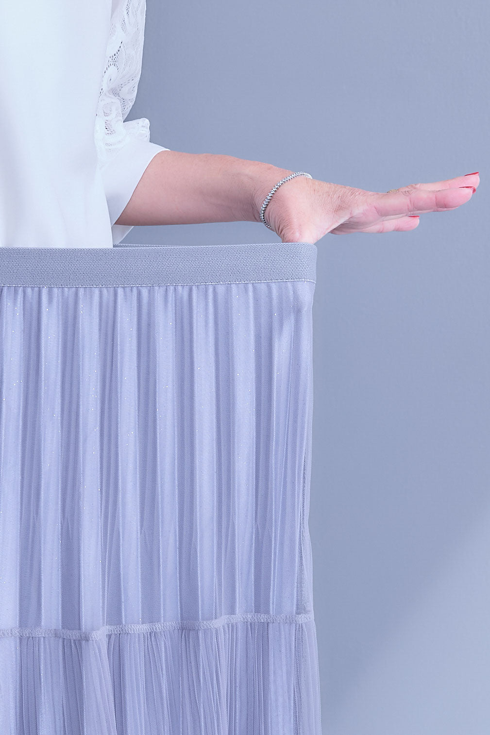 【SET】シアーポプリンダブルテーラードジャケット+ウェーブモチーフスタンドネックブラウス+2WAYラメサテンプリーツ×シアーティアードチュールスカート(3set)