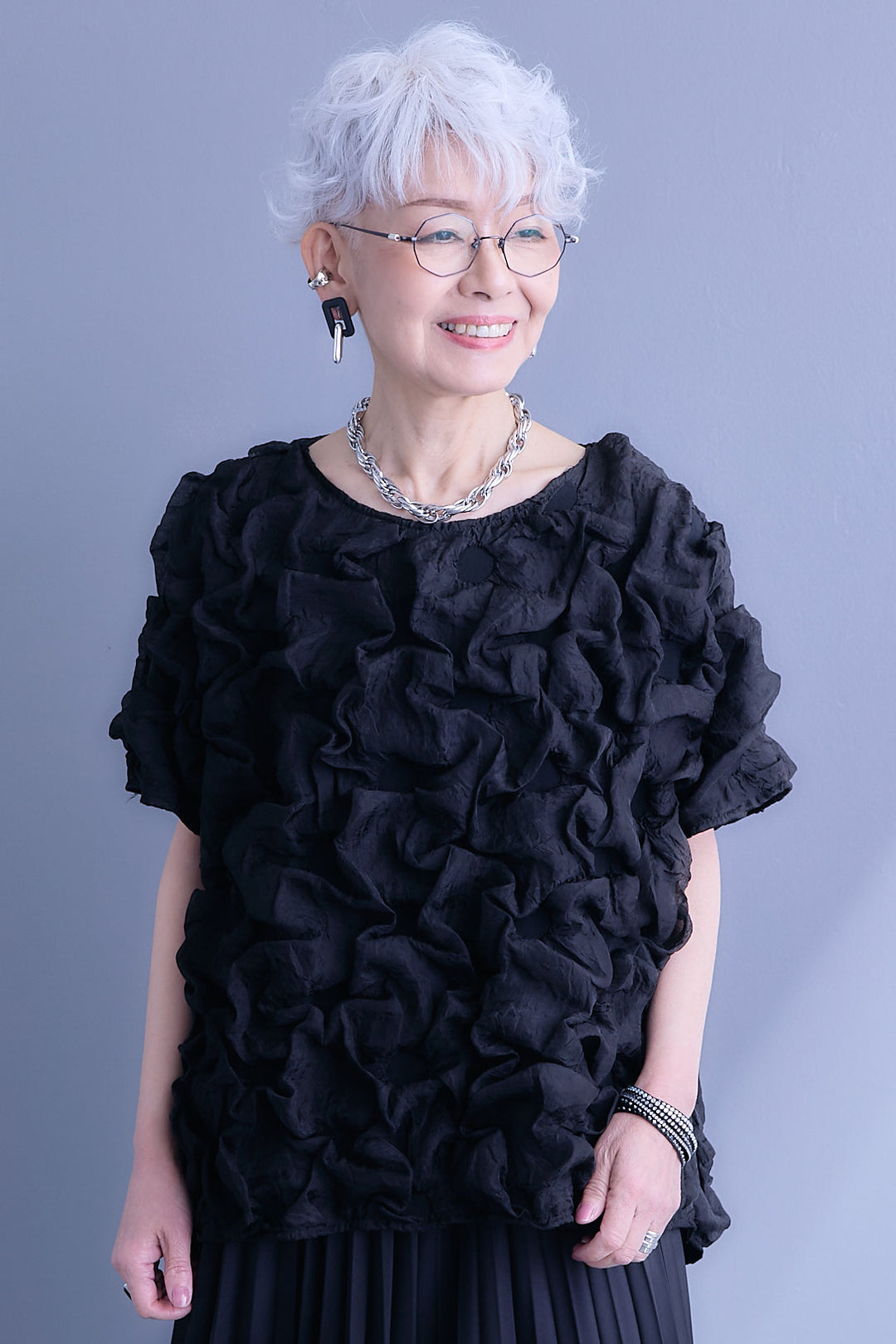 【SET】マトラッセボリュームフリルトップス+アシンメトリープリーツスカート(2set)