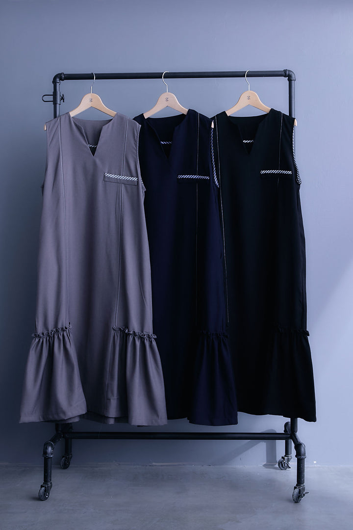 【予約】パイピングデザインスキッパーノースリーブワンピース